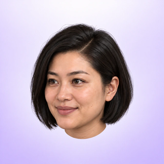Illustrative 3D twin on lavender: side part bob